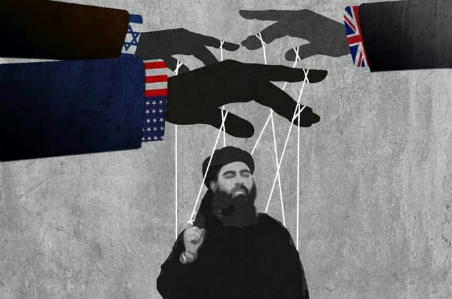 Karykatura przedstawiająca lidera ISIS Baghdadiego jako marionetkę Izraela, USA i Wielkiej Brytanii.