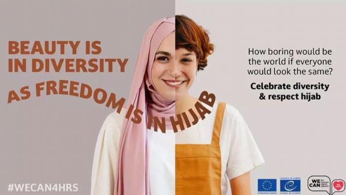 "Piękno jest w różnorodności tak jak wolność jest w hidżabie" - grafika z kampanii Rady Europy (Zdj. COE)
