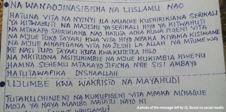 List zostawiony przez terrorystów z groźbami w Cabo Delgado